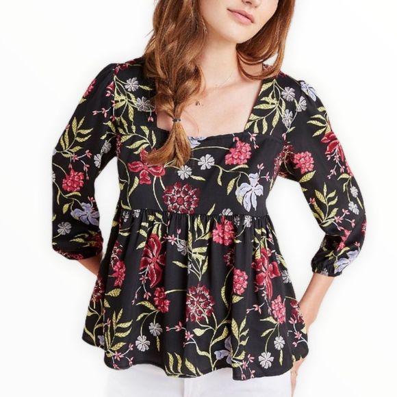 Dolan Dark Moody Floral Square Neck 3/4 Sleeve Top Blouse size Small Petite - Picture 1 of 14